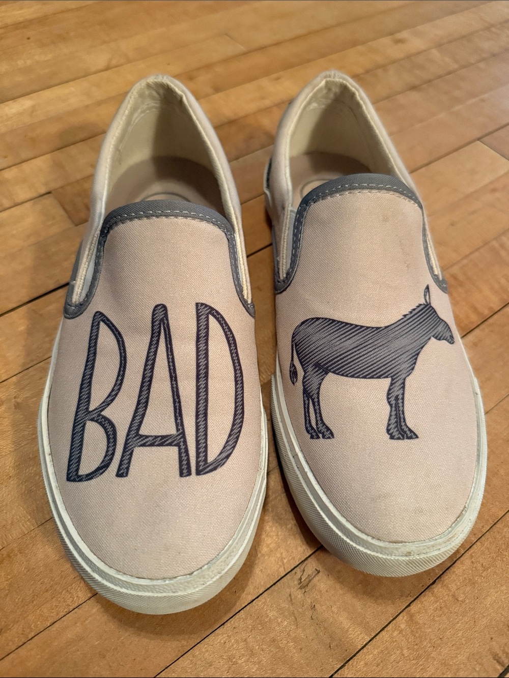 Inkkas Beige Canvas Slip-Ons with Navy 'BAD' & Donkey Graphic